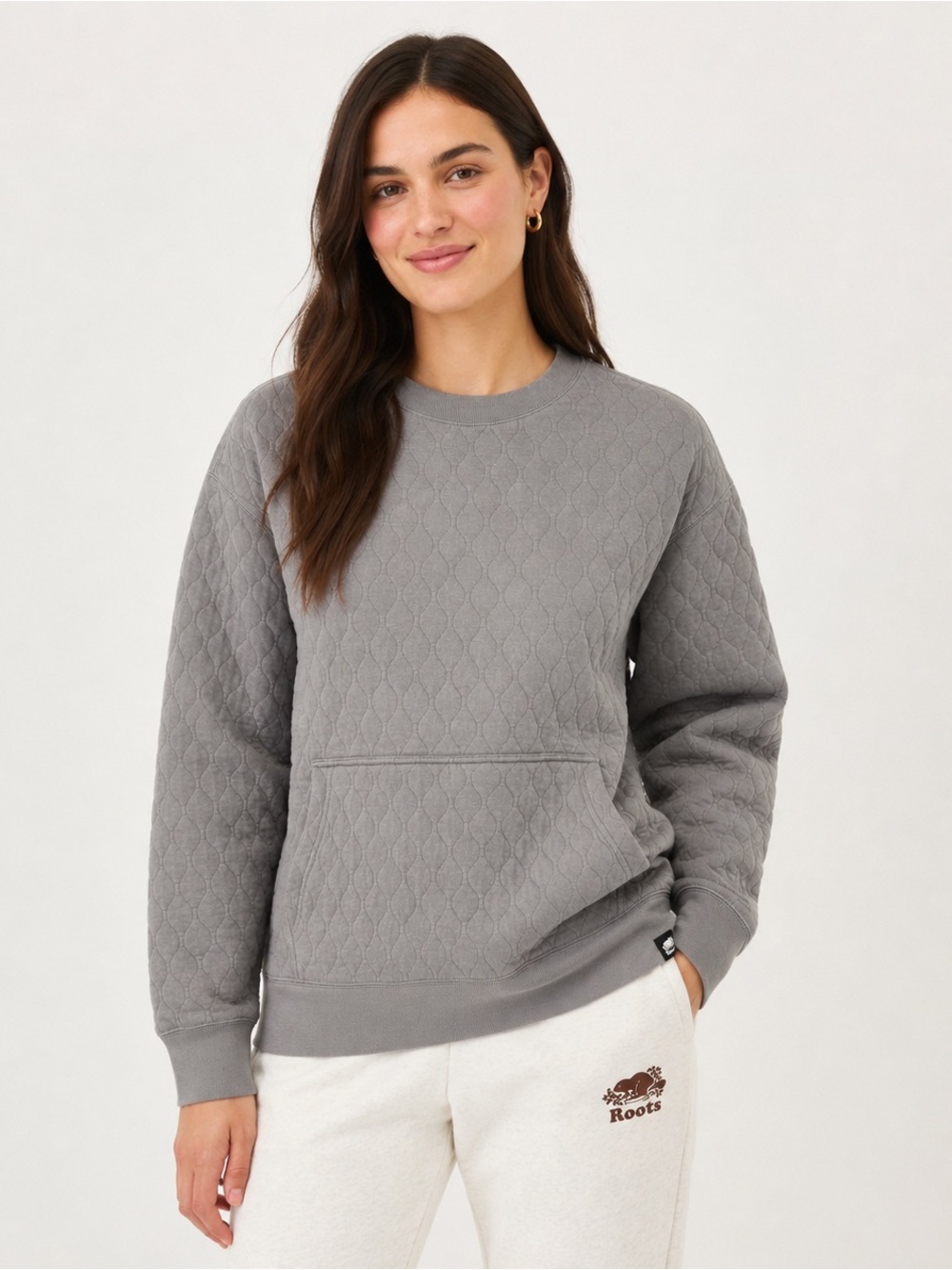 Roots Grey Quilted Crewneck Sweatshirt Organic Cotton Blend Size Large